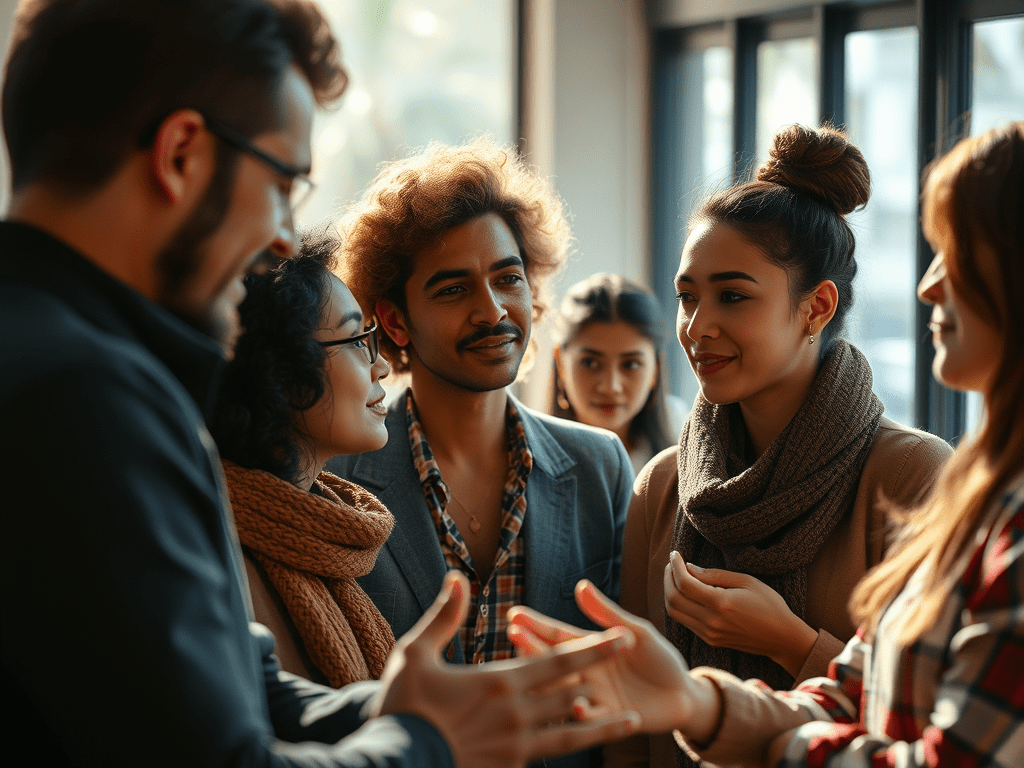 Students and teachers talking.